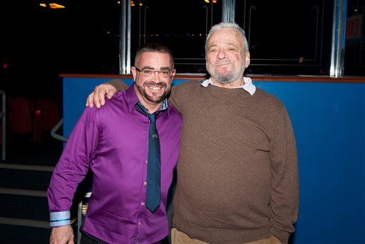 In this 2013 image released by ECM Records, Anthony de Mare, left, and Stephen Sondheim pose in New York. Pianist Anthony de Mare and three dozen composers had put their own imprints on songs Sondheim wrote over the past half-century, a tribute to the man who redefined Broadway. "Liaisons: Re-Imagining Sondheim From the Piano" was released last month as a three-disc set by ECM. It features 37 original compositions by an All-Star team of composers. (Nan Melville/ECM Records via AP)